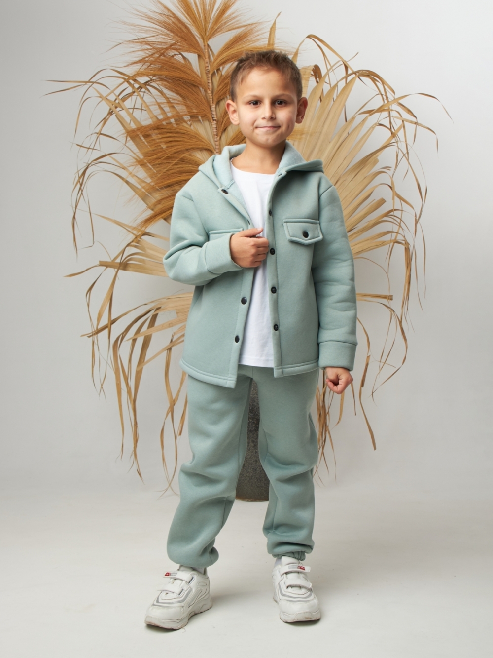 333. Костюм детский (Брюки+Толстовка) на кнопках, олива, хлопок 65%, 35% ПЭ, 3-х нитка с  начесом 122,128,134,140