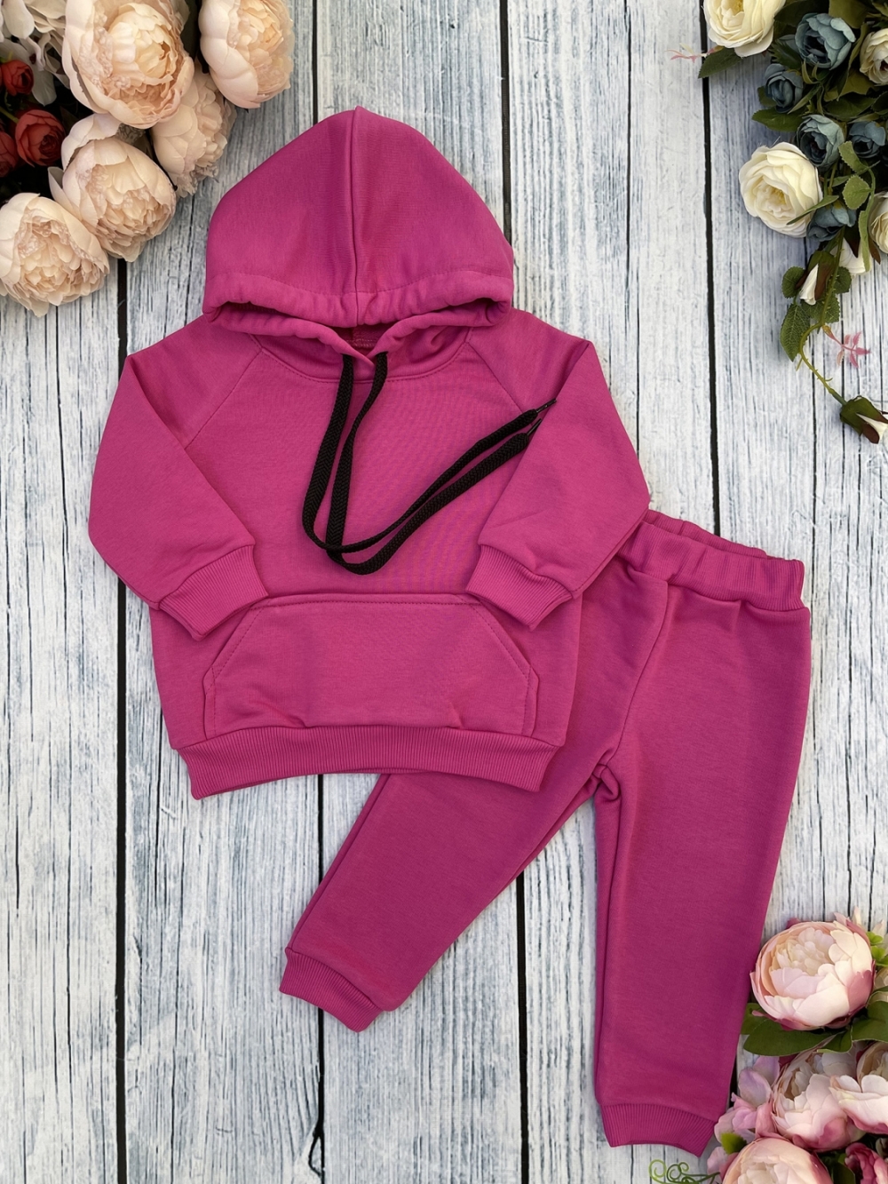 311-Ф. Свитшот с капюшоном + Штаны, хлопок 65%, 35% ПЭ, 3-х нитка ( без начеса) фуксия 80,86,92